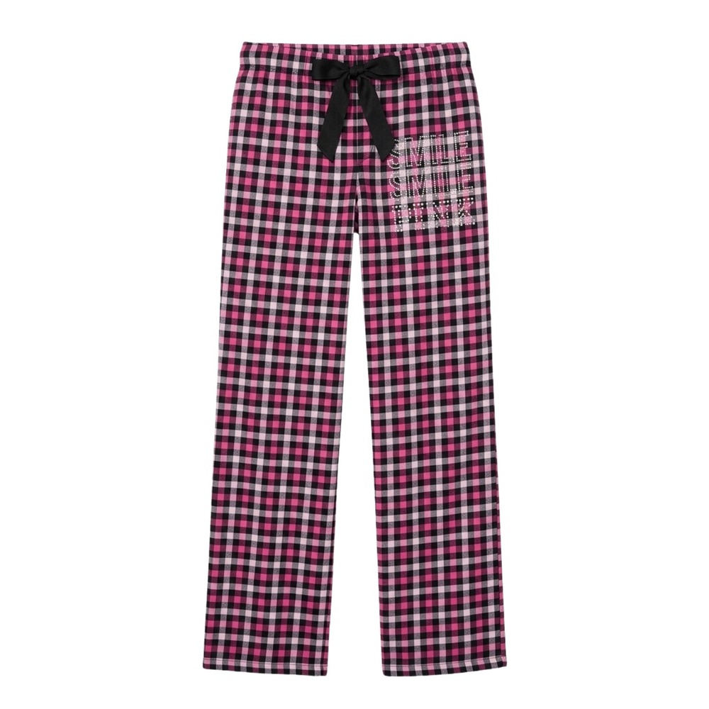 Victoria Secret PINK Flannel Pajama Pants Pink Black Plaid Rhinestone Smile S/P